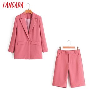 사무실 레이디 여성의 핑크 블레이저 반바지 봄 패션 슈트 2 조각 세트 DA84 210416