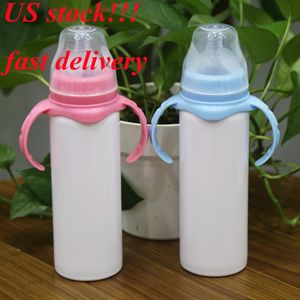 US Stock !!! Sublimation 8oz Sippy Cup Babyflaska med handtag Rostfritt stål Kids Tumbler Silikon Nippel