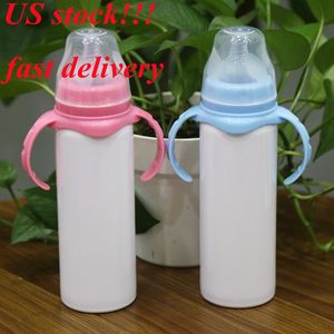 Stock USA!!! Biberon con tazza sippy da 8 once a sublimazione con manico in acciaio inossidabile, bicchiere per bambini, capezzolo in silicone