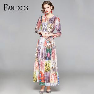 Autumn Runway Designer Maxi Dress With Belt Women's Elegant Office Lady Flower Print Long Floor-Length Dresses vestido de mujer 210520