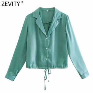 Zevity Frauen Freizeit Einfarbig Kordelzug Casual Kurzes Hemd Weibliche Falten Design Kimono Bluse Roupas Chic Tops LS9072 210603