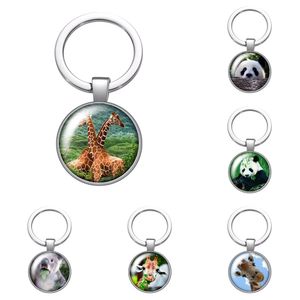 Animals Giraffe Panda Rabbit Glass Cabochon Keychain Bag Car Key Chain Ring Holder Charms Silver Color Keychains for Women Gifts