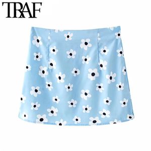 Traf Women Sweet Fashion Floral Print Mini Skirt Vintage a line back zipper Summer Beach Memale Skirts Faldas Mujer 210415