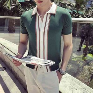 고품질 폴로 셔츠 남성 여름 영국 스타일 슬림 피트 캐주얼 니트 폴로 옴므 짧은 소매 칼라 다운 칼라 다운로드 210707