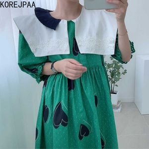 Korejpaa Kadınlar Elbise Yaz Retro Dantel Tığ Büyük Yaka Kontrast Renk Dikiş Gevşek Aşk Baskılı Puf Kol Vestidos 210526