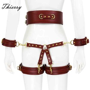 Thierry SM PU leather bondage set include belt, handcuffs, legcuffs, center connection, adult games sex toys for women