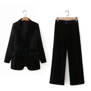 Women Casual Velvet Pants Suits Two-pieces Sets Blazers Coats and Female Elegant Solid 2 piece Set Clothes 210513
