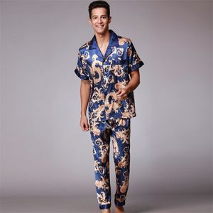 SSH021 Autumn Summer Loungewear Short Sleeves Long Pants Pajama Set Men Printed Satin Silk Pyjamas Male Pajamas Pijama Sleepwear 210901
