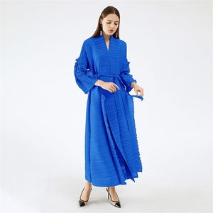 Miyake Pleated Long Petal Sleeve Dress Lapel Cardigan Sashes Plus Size High Long Green Dress Winter Women Aesthetic Clothes 211110