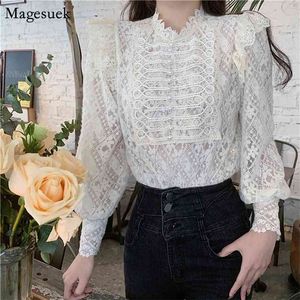 Vintage Branco Crochet Lace Camisa Mulheres Mola Manga Longa Senhoras Tops Blusas Casual Blusa elegante Mulheres roupas 13300 210512