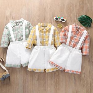 Completi per bambini Completi per ragazzi Completi per bambini Camicia a quadri per bambini Top + pantaloncini con cinturino 2 pezzi / set Primavera Autunno moda Boutique vestiti per bambini