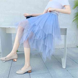 Irregular Mesh Skirt Summer High Waist Multilayer Asymmetrical Pleated Sheer Slim Fit Free Size Blue s for Teen Girls 210604