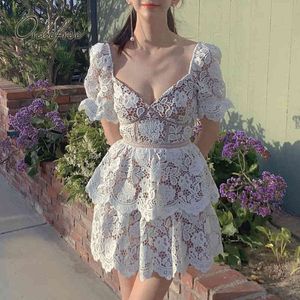 Summer Women Party Short Sleeve Cake White Lace Sexy Ruffle Mini Dress 210415