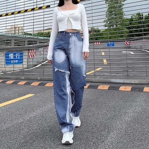 ヨーロッパのファッションパッチコントラストカラージーンズパンツ原宿BFハイウエスト貨物女性ワイドレッグデニムブルーストレート210531