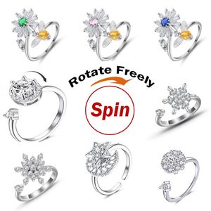 Küme Yüzük Anksiyete Yüzük Fidgets Spinner Kadın Erkek Kristal Ayçiçeği Döndürmek Serbestçe Dönen Anti Stres Aksesuarları Takı Hediye Döndürme