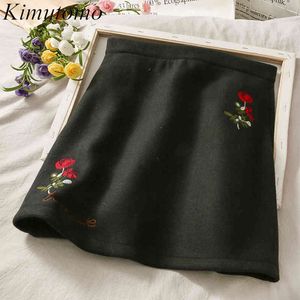 Kimutomo doce meninas mini saias outono inverno moda senhoras retro floral bordado cintura alta a linha saias coreia chique 210521