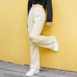 Autumn High Waist Jeans for Women Street Straight Pants Streetwear Ripped Hole Jeans Mom Wide Leg Pants Loose Girls Trousers Y211115