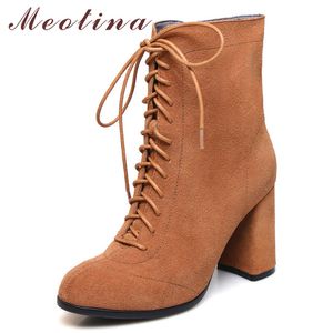 Stivaletti in vera pelle Donna Tacco largo in pelle scamosciata di mucca Cerniera corta Scarpe con tacco alto estremo Donna Autunno taglia 34-39 210517