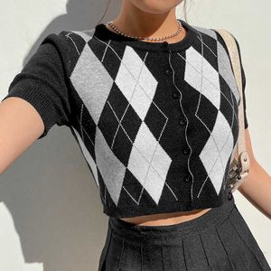 Heyoungirl Argyle Crop Top Striked Cardigan Tshirt Kvinnor Preppy Style Koreanska Kortärmad Plaid T Shirt Damer Y2K 90s Knitwear Y0629