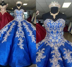 Bling Royal Blue Gold Lace Quinceanera Dresses 2021 Strapless Puffy Ball Gown Corset Back Prom Graduation Pageant Sweet 16 Girls Bridal Dress Plus
