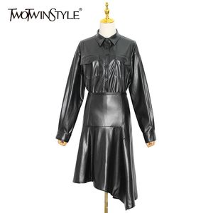 TWOTWINSTYLE Casual PU Leder Anzug Für Frauen Revers Langarm Tops Hohe Taille Unregelmäßigen Saum Schwarz Sets Weibliche Mode 210517