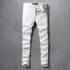 Koreansk stil mode män jeans högkvalitativ vit färg elastisk smal passform rippade denim punk byxor streetwear hip hop byxor vve9