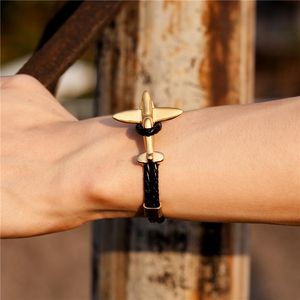 Fashion Gold Stainless Steel Anchor Airplane Bracelets With Vintage Genuine Leather Bracelet Men Women Homme Jewelry Charm
