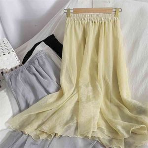 스커트 봄과 여름 패션 나무 귀 무릎 길이 드레스 슬림 한국어 버전의 불규칙한 단색 높은 허리 210529
