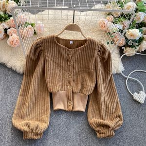 Autumn Winter Women Corduroy Blouse Sweaters Vintage Round Neck Single Breasted Long Puff Sleeve Short Shirt Female Fashion Tops 2022 New