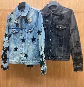 2022 Frühling und Herbst neue Luxus-Jeansjacke ~ hochwertiges Leder-Pentagramm-Nahtloch-Design, US-Größe S-XL, einreihige Street-Style-Herrenjacke