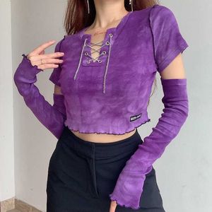 Tie-Dye Crop Top With Oversleeve Lacing Front Ribbed Knit Such Cute Top Women Aesthetic Soft e-Girl Y2K Outfit / Y0621