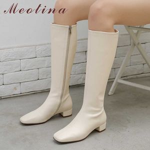 Meotina Riding Boots 여성 신발 진짜 가죽 중반 힐 무릎 높은 부츠 스퀘어 발가락 지퍼 블록 발 뒤꿈치 긴 부츠 가을 겨울 검은 210608