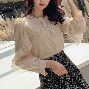 Women's Tops and Blouses Elegant Ladies Tops Solid Lace Blouse Button Stand Tops for Women Shirts Blusas Femininas 8049 50 210528