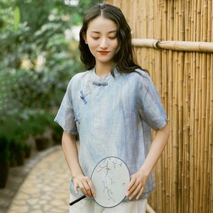 Johnature Women Chinese Style Ramie T-shirts och toppar Vintage Blouses Stand Short Sleeve Sommarknapp Kvinnor SHIRTS 210521