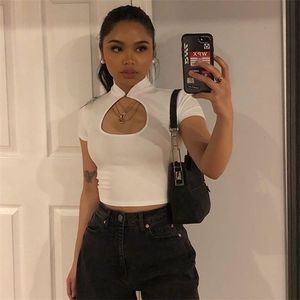 Chiński styl Casual Black Women Koszulki Harajuku Krótki Rękaw Crop Top T Shirt Hollow Out Sexy Tee Koszula Lato X0628