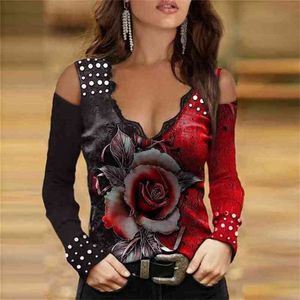 Kvinnor sexig v nacke kallt axelskjortor toppar rose print y2k kvinnors långärmad t-shirt mode casual löst kläder 210720