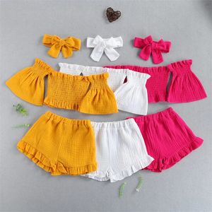 3pcs/Set Kids Summer Clothing Sets Girl Solid Color Flare Sleeve Jacket Shorts Hair Band Suit Children Baby Clothes Cute 25rz Q2