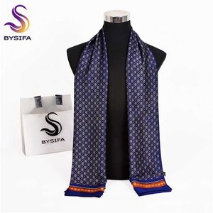 [BYSIFA] Marka Mężczyźni Szaliki Jesień Zima Moda Mężczyzna Ciepła Navy Niebieski Długi Silk Scarf Cravat Wysokiej Jakości 170 * 30 CM 211013