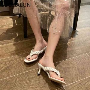 SUOJIALUN Fashion Brand Weave Women Slipper Thin High Heel Ladies Sandalo Shoes Summer Outdoor Beach Slides Casual Infradito Muj K78