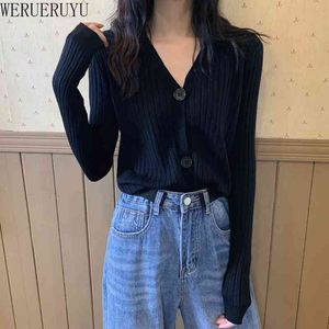 WERUERUYU Cardigan Autumn Long Short Sweater Women Ribbed Knitted Tops Black White Ladies Soft Outwear Female 210608