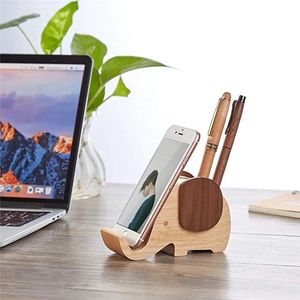 2021 Trähållare Bambu Praktisk Mobilkonsol Portable Creativity Base Pen Storage Box Cartoon Elephant Desktop Ornaments