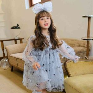 Girls Butterfly Long Sleeve Dress Silver Grey Princess Kids Vestido Spring Summer Costume Ins Fashion Party Gown Clothing 210529