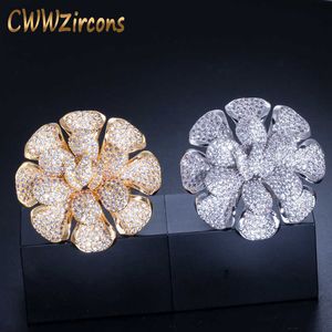 Luxury Cubic Zirconia Nigerian Dubai Gold Statement Large Flower Finger Rings For Women Wedding Prom Jewelry R123 210714