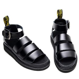 Sandals Clarissall Black Leather Ladies Three Buckle Platform Street Style Flats Roman Shoes