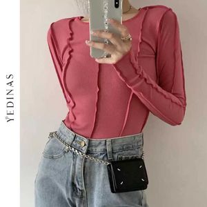 Yedinas Koreanischer Stil Langarm Top Bodycon T-Shirt Frauen Blau Slim T-Shirt Frühling Designer Kleidung Solide E Mädchen T-Shirt 210527