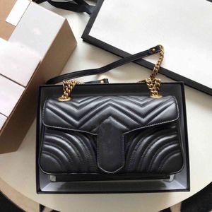 Women Handbag Original box Bag Date Code Genuine Leather Purse shoulder cross body msenger bags Marmont digner chain flat black 23cm D7rp#