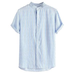 Cotton Linen Shirt Breathable Short Sleeve Mens Shirts Summer Striped Slim Fit Stand Collar Shirt Male Clothes 210527