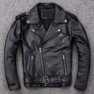 Spring Classical Motorcycle oblique zipper Jackets Men Leather Natural Calf Skin Thick Slim Cowhide Moto man 211111