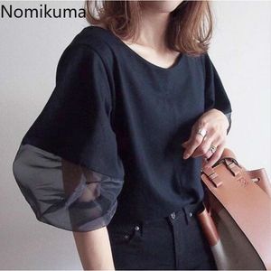 Nomikuma Autumn New Women T Shirts Mesh Patchwork Half Lantern Sleeve Top Tees Korean Causal O-neck Graphic T Shirt 6D509 210427
