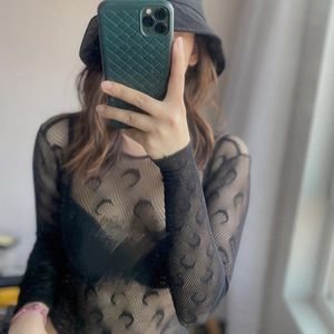 Women Sexy Mesh T shirts Female See Through Fashion Moon Tops Long Sleeve Skinny High Streetwear Fishnet Transparent